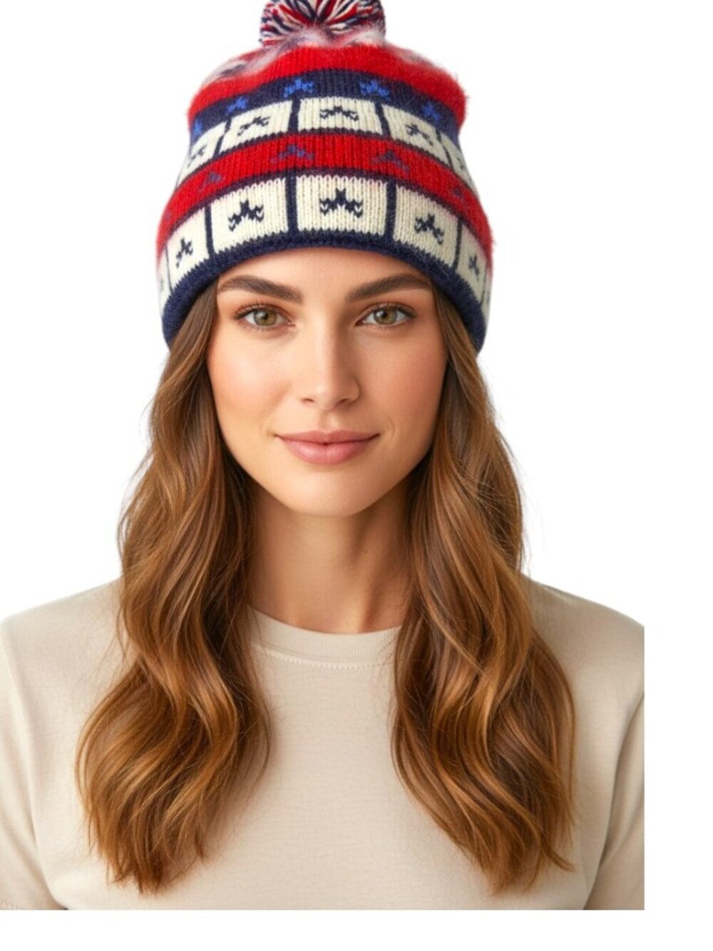 Vintage Handmade Wool Beanie Hat Cap Knit Tassel Red White Blue Murray Merkley